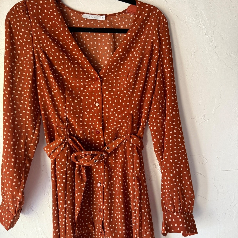 Lush Sm Rust Brown Polka Dot Long Sl Midi Dress Kentucky Derby Preppy Old Money